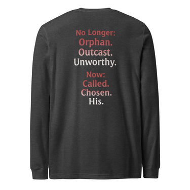 Renamed Long Sleeve T-Shirt Dark Grey Heather flat lay mockup showing back word stack design.